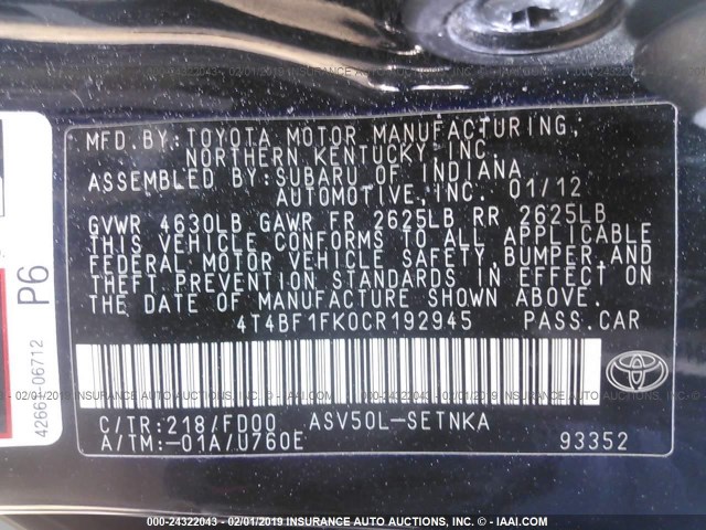 4T4BF1FK0CR192945 - 2012 TOYOTA CAMRY SE/LE/XLE 黑色 照片 9