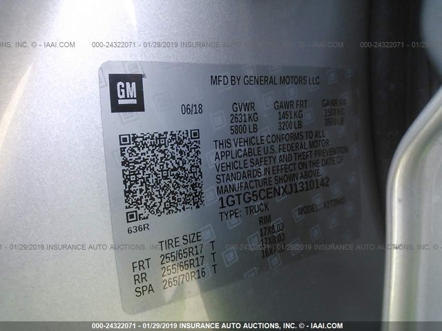 1GTG5CENXJ1310142 - 2018 GMC CANYON SLE SILVER photo 9