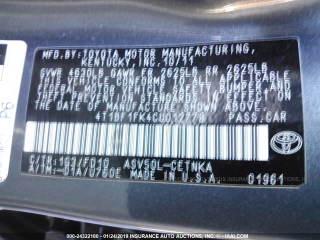 4T1BF1FK4CU012778 - 2012 TOYOTA CAMRY SE/LE/XLE GRAY photo 9