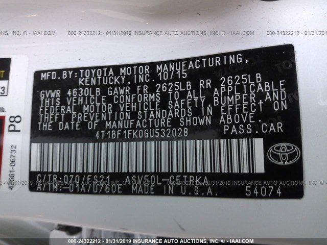 4T1BF1FK0GU532028 - 2016 TOYOTA CAMRY LE/XLE/SE/XSE 白色 照片 9