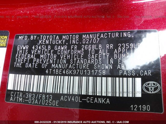 4T1BE46K97U131758 - 2007 TOYOTA CAMRY NEW GENERAT CE/LE/XLE/SE RED photo 9