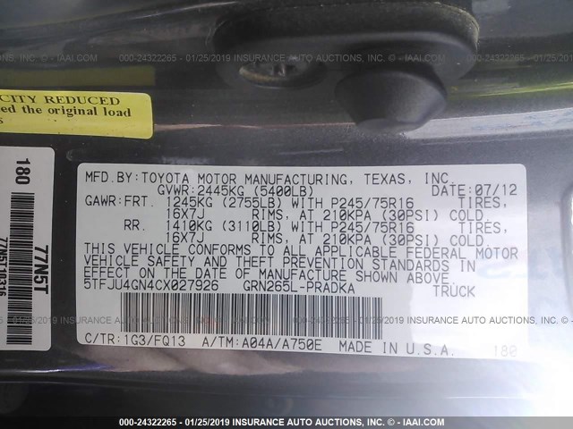 5TFJU4GN4CX027926 - 2012 TOYOTA TACOMA DOUBLE CAB PRERUNNER GRAY photo 9