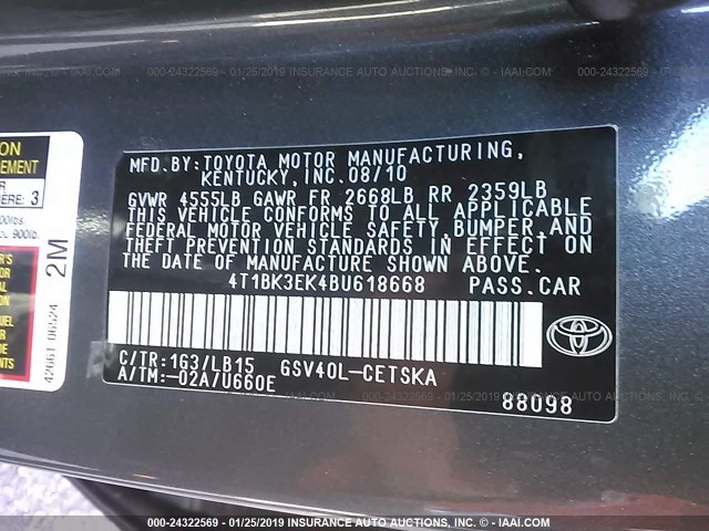 4T1BK3EK4BU618668 - 2011 TOYOTA CAMRY SE/LE/XLE 灰色 照片 9