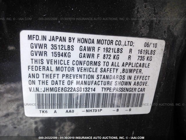 JHMGE8G22AS013214 - 2010 HONDA FIT BLACK photo 9