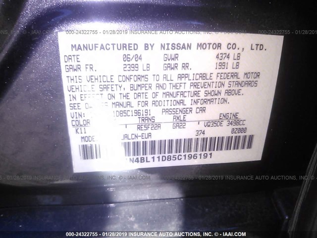 1N4BL11D85C196191 - 2005 NISSAN ALTIMA SE/SL/SE-R GRAY photo 9