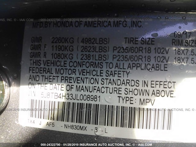 5J8TB4H33JL008981 - 2018 ACURA RDX SILVER photo 9