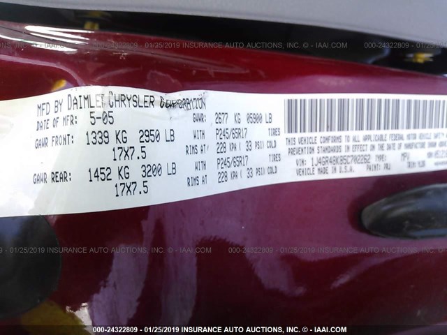 1J4GR48K85C702262 - 2005 JEEP GRAND CHEROKEE LAREDO/COLUMBIA/FREEDOM 红色 照片 9