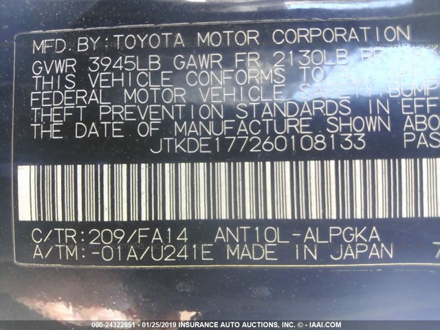 JTKDE177260108133 - 2006 TOYOTA SCION TC შავი ფოტო 9