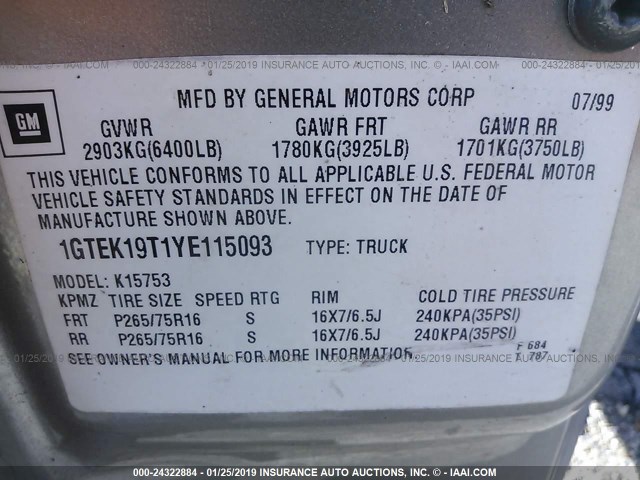 1GTEK19T1YE115093 - 2000 GMC NEW SIERRA K1500 BEIGE photo 9