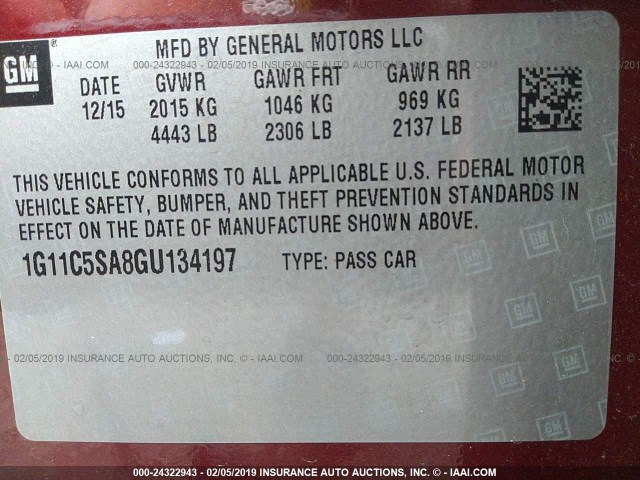 1G11C5SA8GU134197 - 2016 CHEVROLET MALIBU LIMITED LT 勃艮第红 照片 9