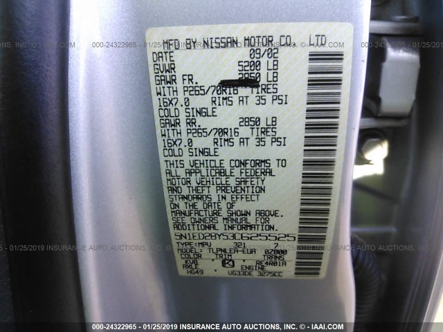 5N1ED28Y53C625525 - 2003 NISSAN XTERRA XE/SE SILVER photo 9