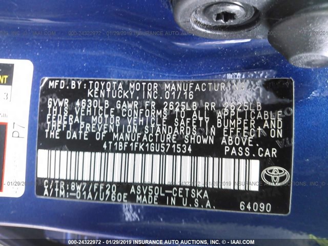 4T1BF1FK1GU571534 - 2016 TOYOTA CAMRY LE/XLE/SE/XSE BLUE photo 9