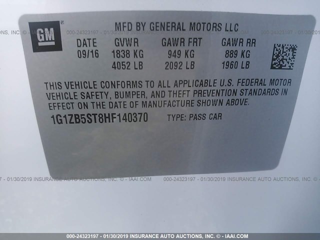 1G1ZB5ST8HF140370 - 2017 CHEVROLET MALIBU LS WHITE photo 9