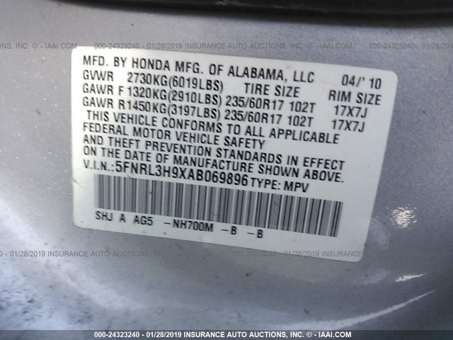 5FNRL3H9XAB069896 - 2010 HONDA ODYSSEY TOURING SILVER photo 9