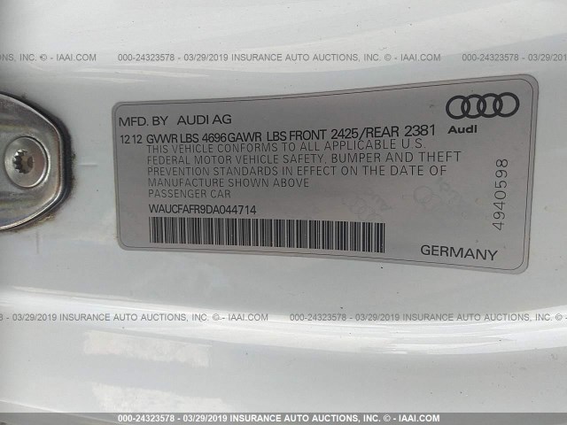 WAUCFAFR9DA044714 - 2013 AUDI A5 PREMIUM WHITE photo 9