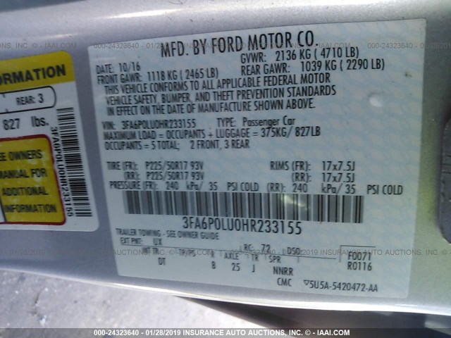 3FA6P0LU0HR233155 - 2017 FORD FUSION SE HYBRID SILVER photo 9