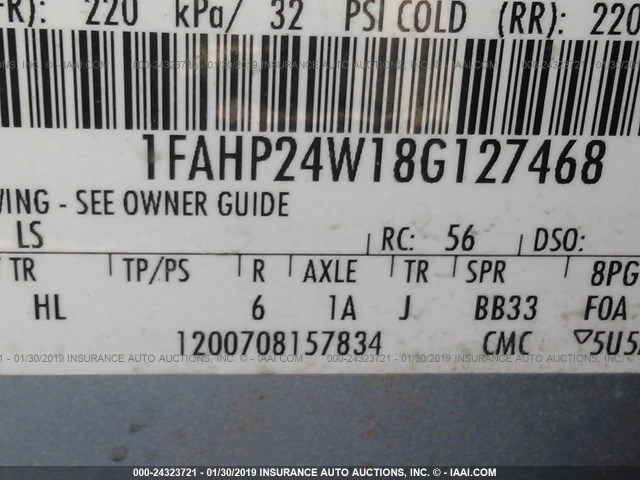 1FAHP24W18G127468 - 2008 FORD TAURUS SEL SILVER photo 9