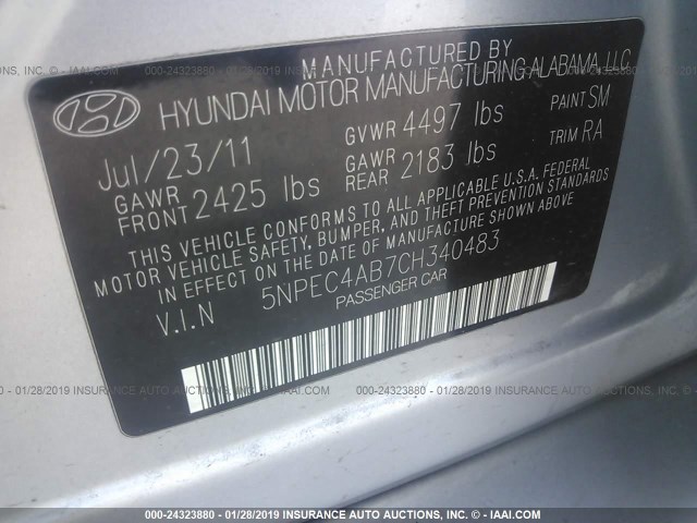 5NPEC4AB7CH340483 - 2012 HYUNDAI SONATA SE/LIMITED SILVER photo 9