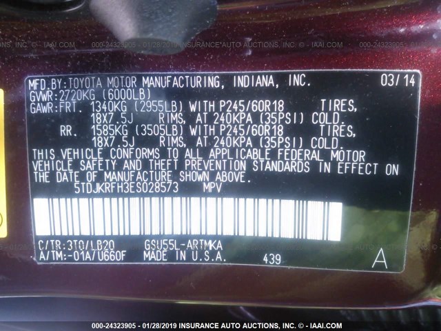 5TDJKRFH3ES028573 - 2014 TOYOTA HIGHLANDER XLE მუქწითელი ფოტო 9