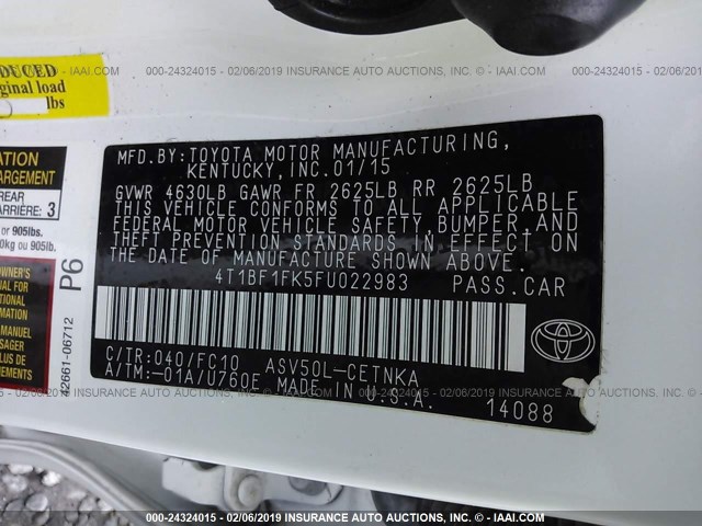 4T1BF1FK5FU022983 - 2015 TOYOTA CAMRY LE/XLE/SE/XSE თეთრი ფოტო 9