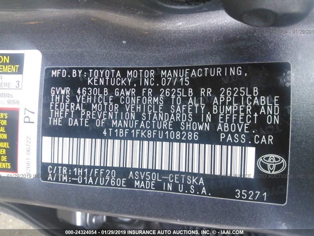4T1BF1FK8FU108286 - 2015 TOYOTA CAMRY LE/XLE/SE/XSE GRAY photo 9