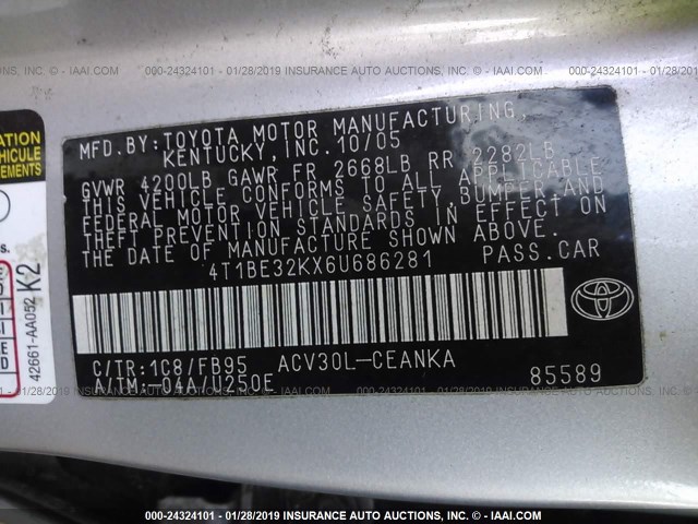 4T1BE32KX6U686281 - 2006 TOYOTA CAMRY LE/XLE/SE SILVER photo 9