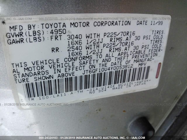 JT6GF10U4Y0053812 - 2000 LEXUS RX 300 SILVER photo 9