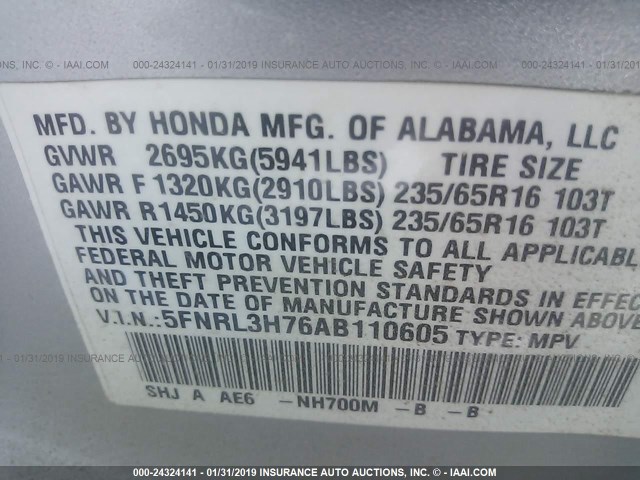 5FNRL3H76AB110605 - 2010 HONDA ODYSSEY EXL SILVER photo 9