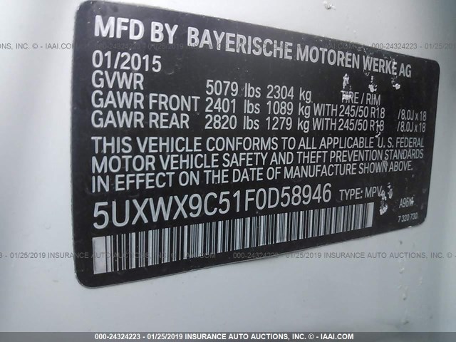 5UXWX9C51F0D58946 - 2015 BMW X3 XDRIVE28I WHITE photo 9