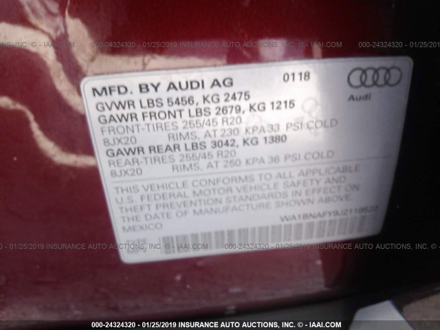 WA1BNAFY9J2119520 - 2018 AUDI Q5 PREMIUM PLUS RED photo 9