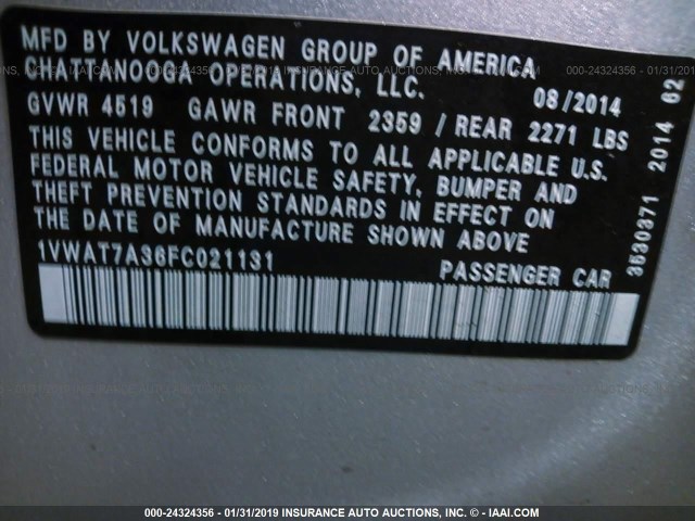 1VWAT7A36FC021131 - 2015 VOLKSWAGEN PASSAT S SILVER photo 9