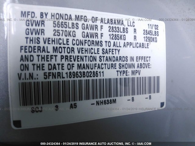 5FNRL18963B028611 - 2003 HONDA ODYSSEY EXL SILVER photo 9