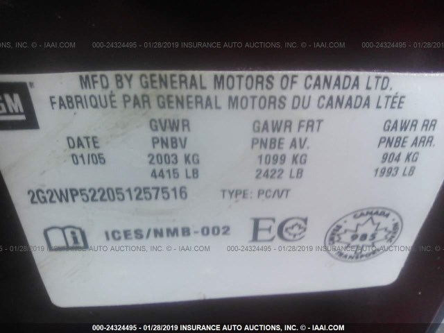 2G2WP522051257516 - 2005 PONTIAC GRAND PRIX MAROON photo 9