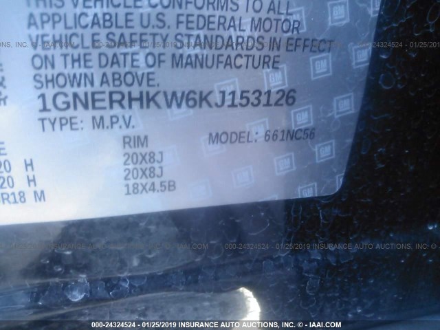 1GNERHKW6KJ153126 - 2019 CHEVROLET TRAVERSE LT BLACK photo 9