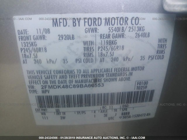 2FMDK48C89BA60553 - 2009 FORD EDGE SEL GRAY photo 9