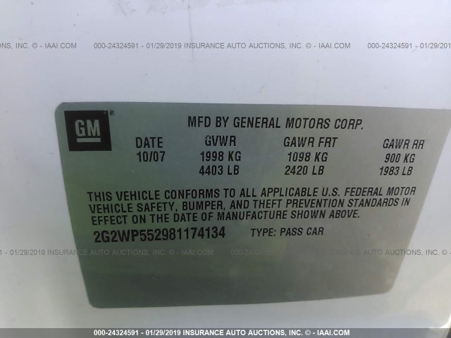 2G2WP552981174134 - 2008 PONTIAC GRAND PRIX WHITE photo 9