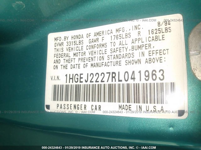 1HGEJ2227RL041963 - 1994 HONDA CIVIC DX TEAL photo 9