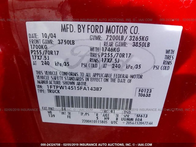 1FTPW14515FA14387 - 2005 FORD F150 SUPERCREW RED photo 9