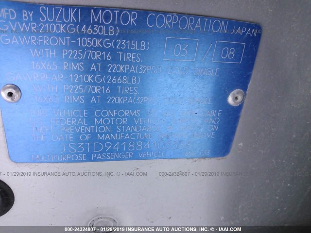 JS3TD941884103388 - 2008 SUZUKI GRAND VITARA  SILVER photo 9