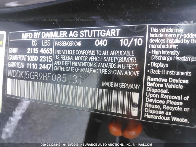 WDDKJ5GB9BF085131 - 2011 MERCEDES-BENZ E 350 BLACK photo 9