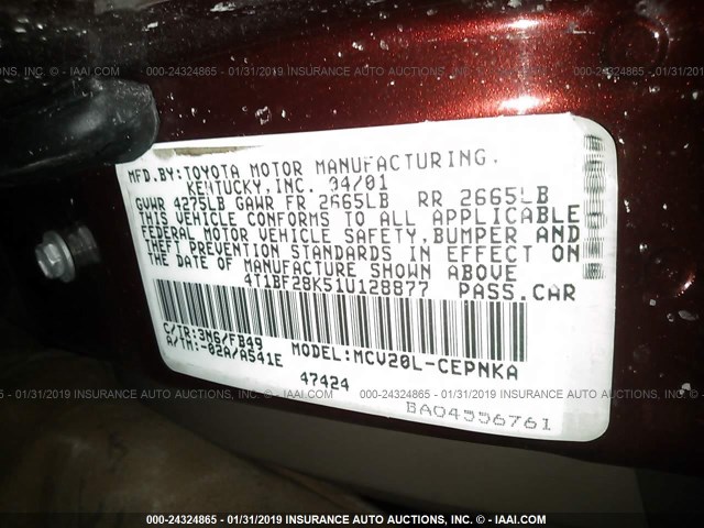 4T1BF28K51U128877 - 2001 TOYOTA CAMRY LE/XLE 红色 照片 9