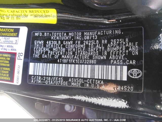 4T1BF1FK1EU732980 - 2014 TOYOTA CAMRY L/SE/LE/XLE 黑色 照片 9