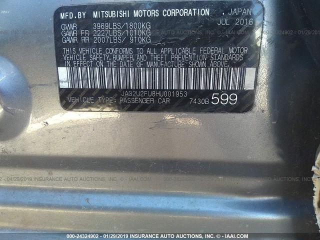 JA32U2FU8HU001953 - 2017 MITSUBISHI LANCER ES GRAY photo 9