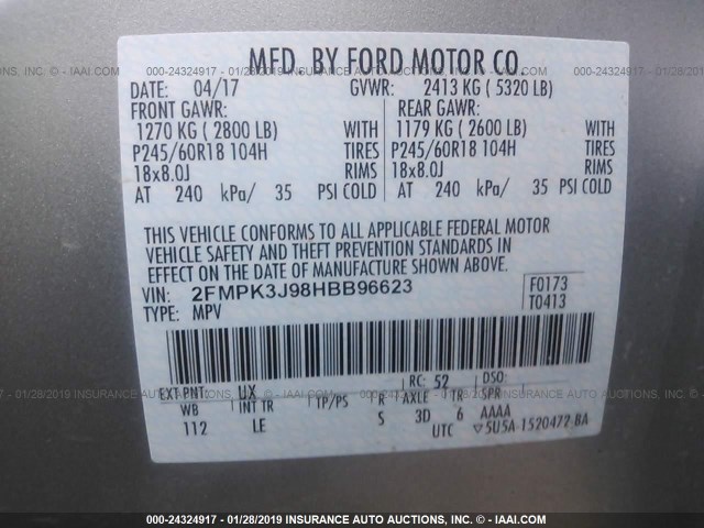 2FMPK3J98HBB96623 - 2017 FORD EDGE SEL SILVER photo 9