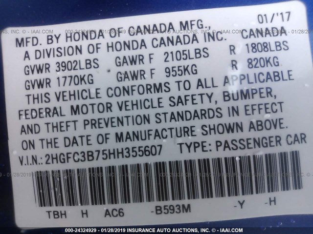 2HGFC3B75HH355607 - 2017 HONDA CIVIC EXL ლურჯი ფოტო 9