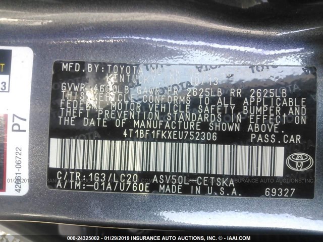 4T1BF1FKXEU752306 - 2014 TOYOTA CAMRY L/SE/LE/XLE 灰色 照片 9