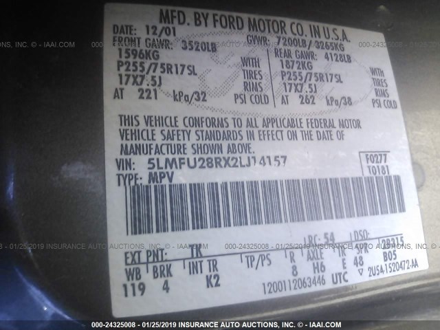 5LMFU28RX2LJ14157 - 2002 LINCOLN NAVIGATOR Шампан түсті фото 9