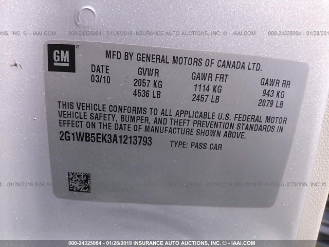 2G1WB5EK3A1213793 - 2010 CHEVROLET IMPALA LT TAN photo 9