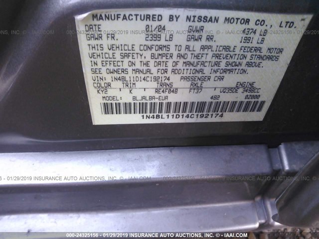 1N4BL11D14C192174 - 2004 NISSAN ALTIMA SE GOLD photo 9