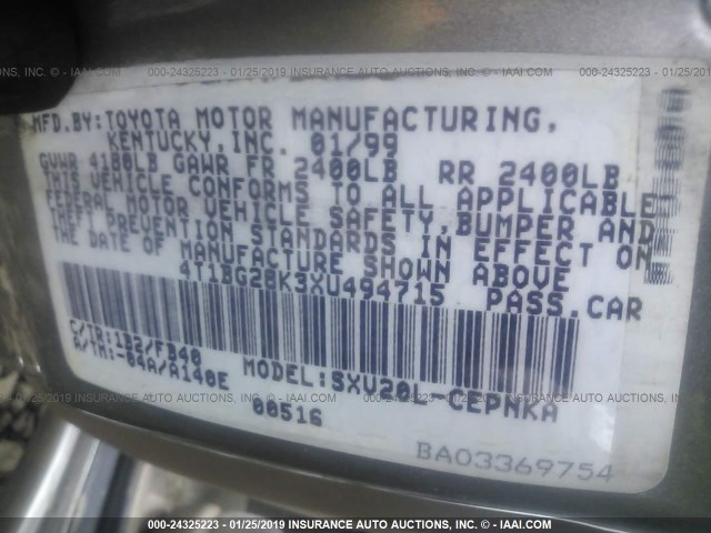 4T1BG28K3XU494715 - 1999 TOYOTA CAMRY CE/LE/XLE GRAY photo 9